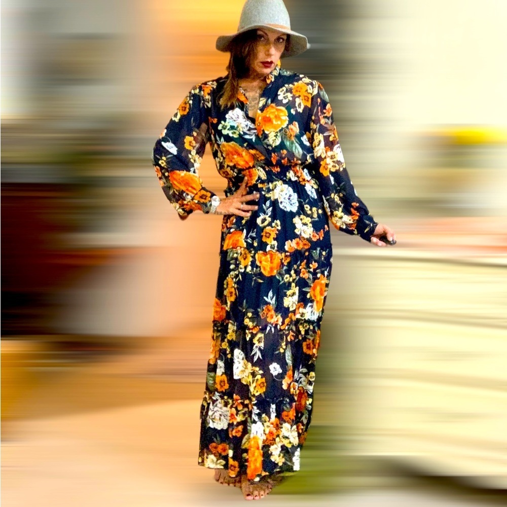 Kate & Lily floral boho sheer maxi dress full button with under-slip